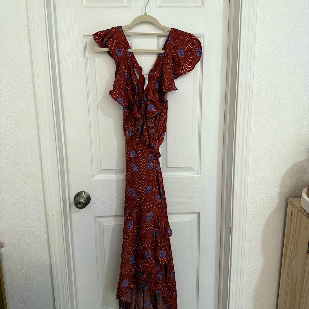 Anthropologie Burnt Orange and Blue Asymmetrical Ruffle Wrap Dress Small Used